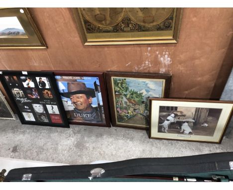 A MICHAEL JACKSON ALBUM COVER MONTAGE, A JOHN WAYNE PRINT, A COUNTRY TAPESTRY AND A JACK RUSSEL DOGS PRINT 