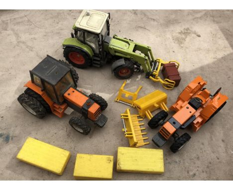 A MIXED GROUP OF MODELS TO INCLUDE 'SIKU' KLASS TRACTOR, TWO 'BRITAINS' RENAULT TRACTORS AND ACCESSORIES 