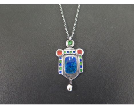 A Liberty's silver and enamel Arts and Crafts style pendant stamped silver W.H.H. for William Hair Haseler - Pendant length 4