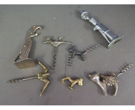 A collection of six Novelty corkscrews - including Old Snifter, an erotic corkscrew, two dogs, a cat, a Parrot and a Pixie wi