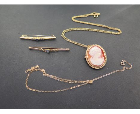 A 9ct gold shell cameo brooch/pendant - Hallmarked Sheffield - Length 3.5cms - Suspended from a 9ct gold belcher-link chain -