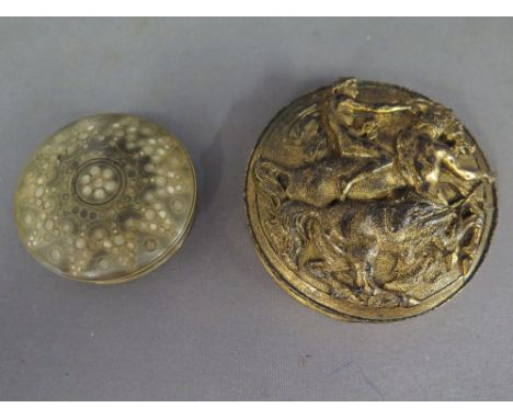 A Georgian gilt metal snuff box embossed with a Centaur attempting to carry off the bride Hippodameia together with a horn sn