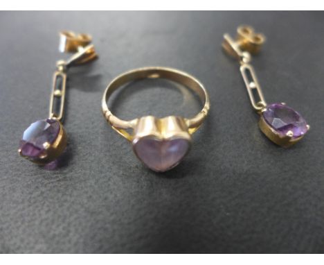 A pair of rose gold amethyst drop earrings, hallmarks rubbed but test as 9 or 10 carat and a 9 ct rose gold heart shape ameth