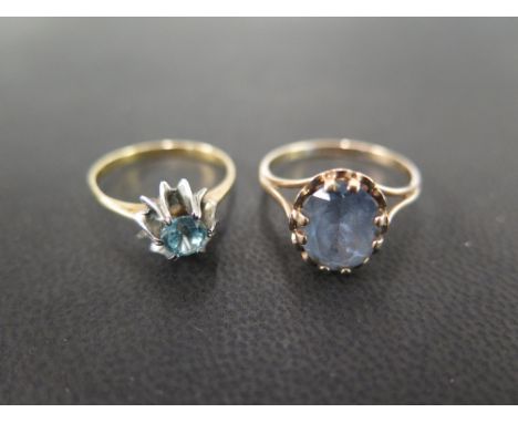 Two 9 ct gold dress rings both with blue stones, one appears to aquamarine and one topaz - Ring sizes M & P - Weight approx. 