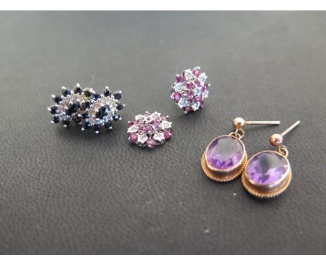 Three pairs of 9ct gold gem-set earrings - To include amethyst - ruby and diamond - sapphire and diamond - Hallmarked Birming