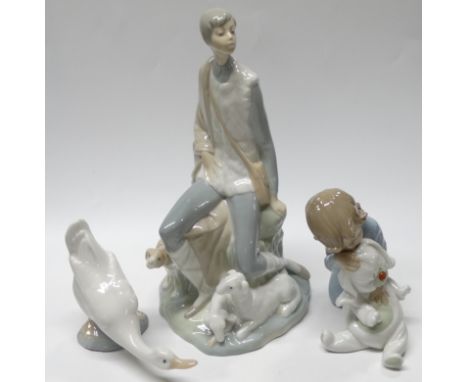 3 NAO FIGURES & SHEPHERD BOY, CHILD WITH TEDDY & GOOSE 