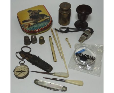 BAG OF COLLECTABLES INC ACME WHISTLE, COMPASS, WEIGHT, GUINNESS STOREHOUSE TICKET, SHARP TOFFEE TIN ETC 