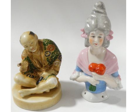 JAPANESE SEATED FIGURE & CERAMIC PIN BUST 