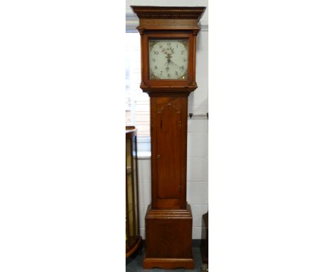 OAK LONGCASE CLOCK WITH PAINTED FACE & DIAL 