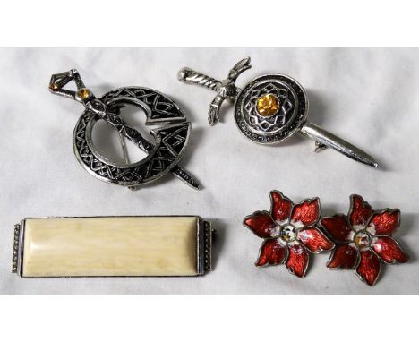 2 SCOTTISH BROOCHES, AN IVORY MACARSITE BAR BROOCH + ENAMEL FLORAL BROOCH 