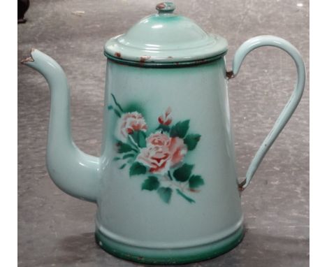 LARGE FLORAL PAINTED ENAMEL COFFEE POT 