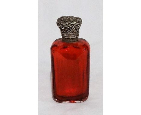 CRANBERRY GLASS SCENTS FLASK WITH WHITE METAL LID 
