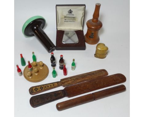 RONSON LIGHTER, TREEN SHAKER, DARNING MUSHROOM ETC 