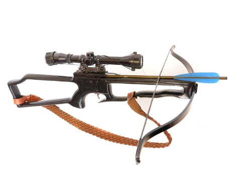 Horton Safari prototype or early form alumininum crossbow, unmarked, with one bolt, fitted with an Optima 4x32 scope and leat