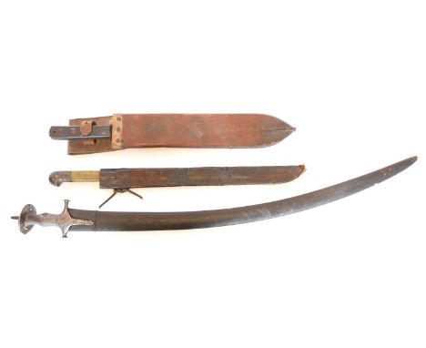 Indian Tulwar and two machetes, the British WWII machete stamped 1942, the leather scabbard marked with hand-drawn Third Reic
