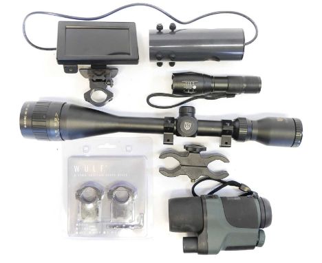 Night Vision accessories, to include a Newton NV3 3x42 night vision monocular, with case, an unbranded night vision scope scr