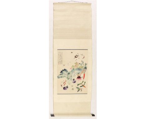 A Chinese hanging scroll,20th century, painted with various kinds of vegetables surrounded by insects, inscribed, ink and col