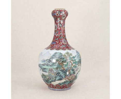 A Chinese famille rose vase,19th-20th century, the globular body rising from a circular foot to a waisted neck and a garlic m