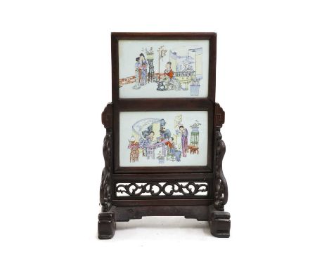 Two Chinese famille rose plaques,Republic period (1912-1949), each of rectangular form, painted with ladies practising variou