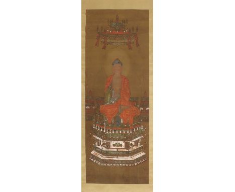 A Chinese hanging scroll,20th century, painted with Buddha seated cross-legged on an elaborate lotus pedestal, wearing a long
