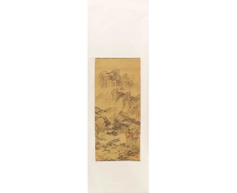 A Chinese hanging scroll,20th century, painted with a mountainous landscape, inscribed, ink and colour on silk,117.5 x 33cmCo