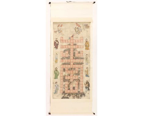 A Chinese hanging scroll,Qing dynasty (1644-1911), of a number of red seals forming a shou character, surrounded by Shou Lao,