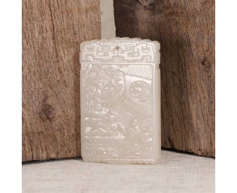 A Chinese jade plaque,19th-20th century, of rectangular form, carved with figures in a garden, the reverse inscribed with a p
