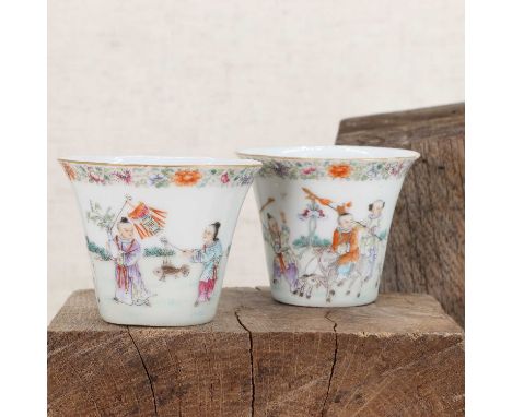 A pair of Chinese famille rose cups, Republic period (1912-1949), each of tapering form with a flared rim, painted with a con