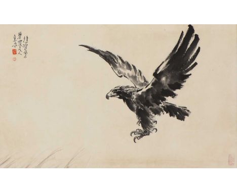 A Chinese hanging scroll,20th century, of an eagle, with a dedication and signature of Xu Beihong (1895-1953) with three arti