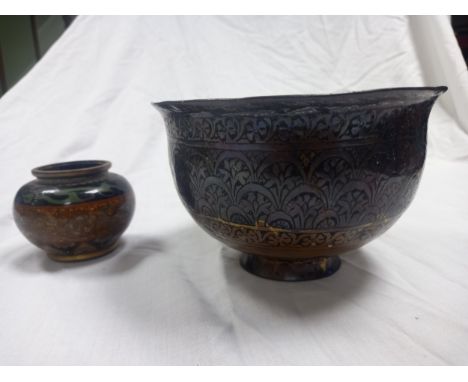 A 19th century Qajar bronze and copper bowl on a narrow flared foot, along with a small Japanese cloisonne vase of globular f