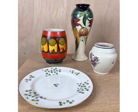A Moorcroft vase, two Poole Pottery vases and a 19th century Mintons Cornflower plate. H.28cm