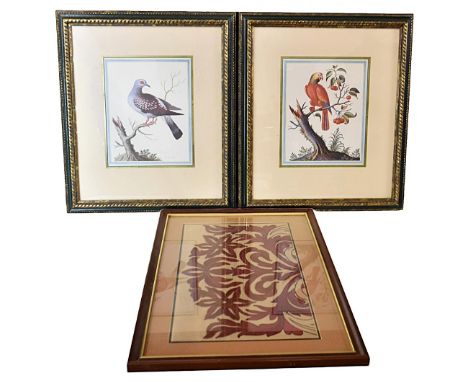 A pair of bird prints and a needlework panel, all framed and glazed. H.42 W.60cm (Tapestry).