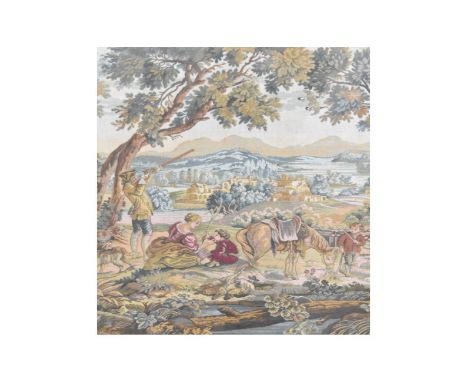 A framed and glazed tapestry, 18th century style hunting scene in a bucolic setting. H.66 W.61cm
