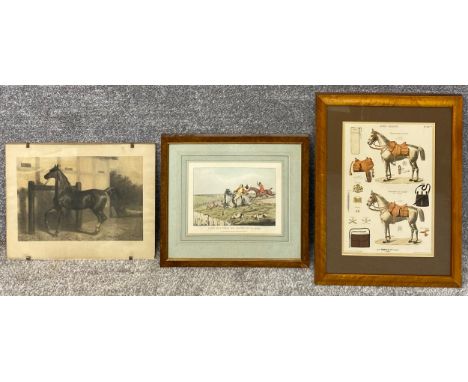 A screenprint of a horse by a stable, a hand coloured hunting engraving and a French lithograph relating to horse tack. H.60 