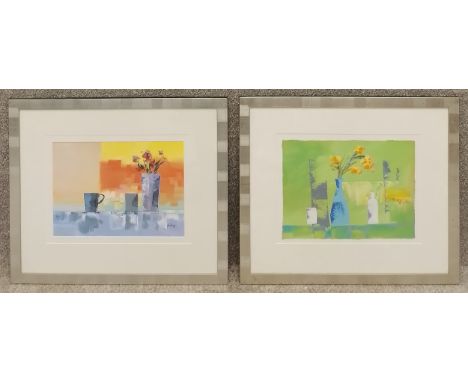 Allan Morgan (b.1952), a pair of still life acrylic studies, one signed, with notes to the reverse. Framed and glazed. H.54 W