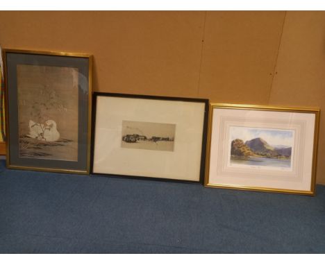 Three framed and glazed artworks to include an Oriental style print of a goose and tree, a monochrome architectural etching, 
