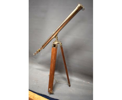 Ornamental Reproduction Metal Telescope mounted on wooden tripod.   See photos