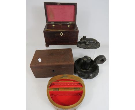 Good Mixed lot to include an Antique Mahogany Tea caddy (one foot missing) together with a wooden keepsake box, wooden candle