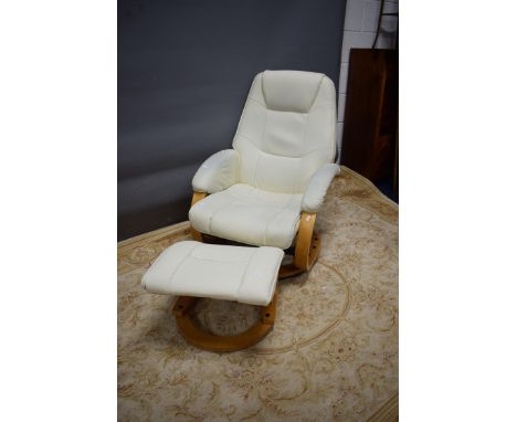 Faux Leather and bentwood manual reclining easy chair with footstool.  See photo.  S2