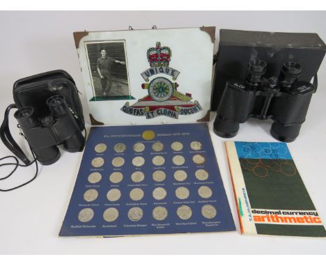 Mixed Lot to inlcude Super Zenith 10 x 50 Binoculars plus other set along with military plaque and collection of Esso FA Cup 