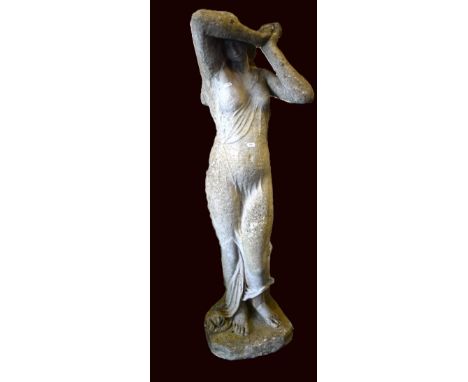 Large Recon stone semi clad lady garden ornament.  Measures approx 46 inches tall. VERY HEAVY ITEM NOT SUITABLE FOR POSTAGE, 