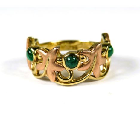 Clagau Yellow Welsh Gold Ring set with Emeralds in a Celtic Design.  Finger size 'M'    3.6g