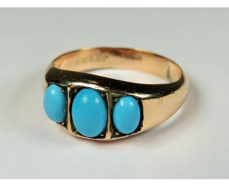 9ct Yellow Gold Ring set with Triple Turquoise.  Finger size 'R-5'   2.8g