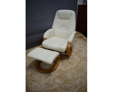 Faux Leather and bentwood manual reclining easy chair with footstool.  See photo.  S2