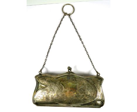 Antique Silver Purse with chain and finger ring. Superb leather interior.  Hallmarked for Birmingham 1916. total weight 87.3