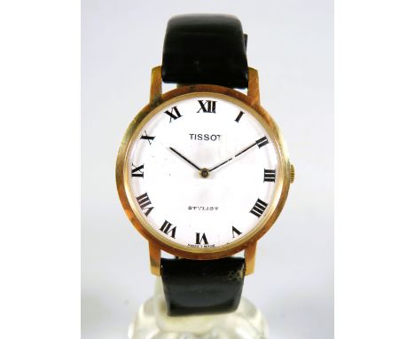 Tissot Stylist Gents watch with 9ct Gold case. Leather strap, Running order.  Comes complete with original bill of sale and p