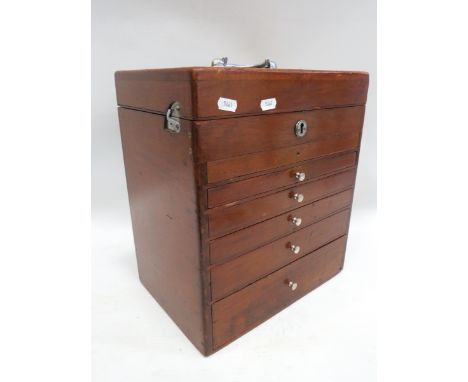 Antique Mahogany Field Dentistry box. Locks with key. Six Graduated drawers containing vintage Stanless Steel Dentistry tools