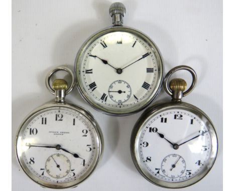 Two Chrome cased pocket watches with enamel faces, Crown wind, in working order (one has missing D ring) plus a Silver cased 