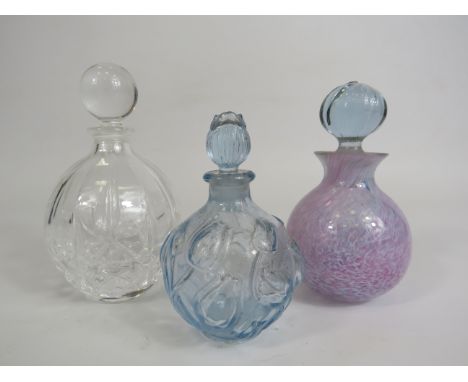 3 Glass scent bottles, Caithness etc. 13cm tall.