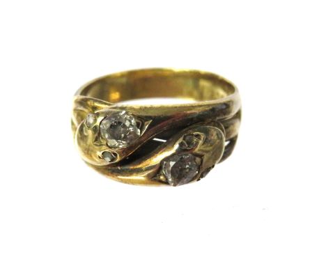 18ct Yellow Gold Double Snake Head Ring. Each snake has a Diamond to its Head and small Melee Diamonds to Eyes.   Finger size